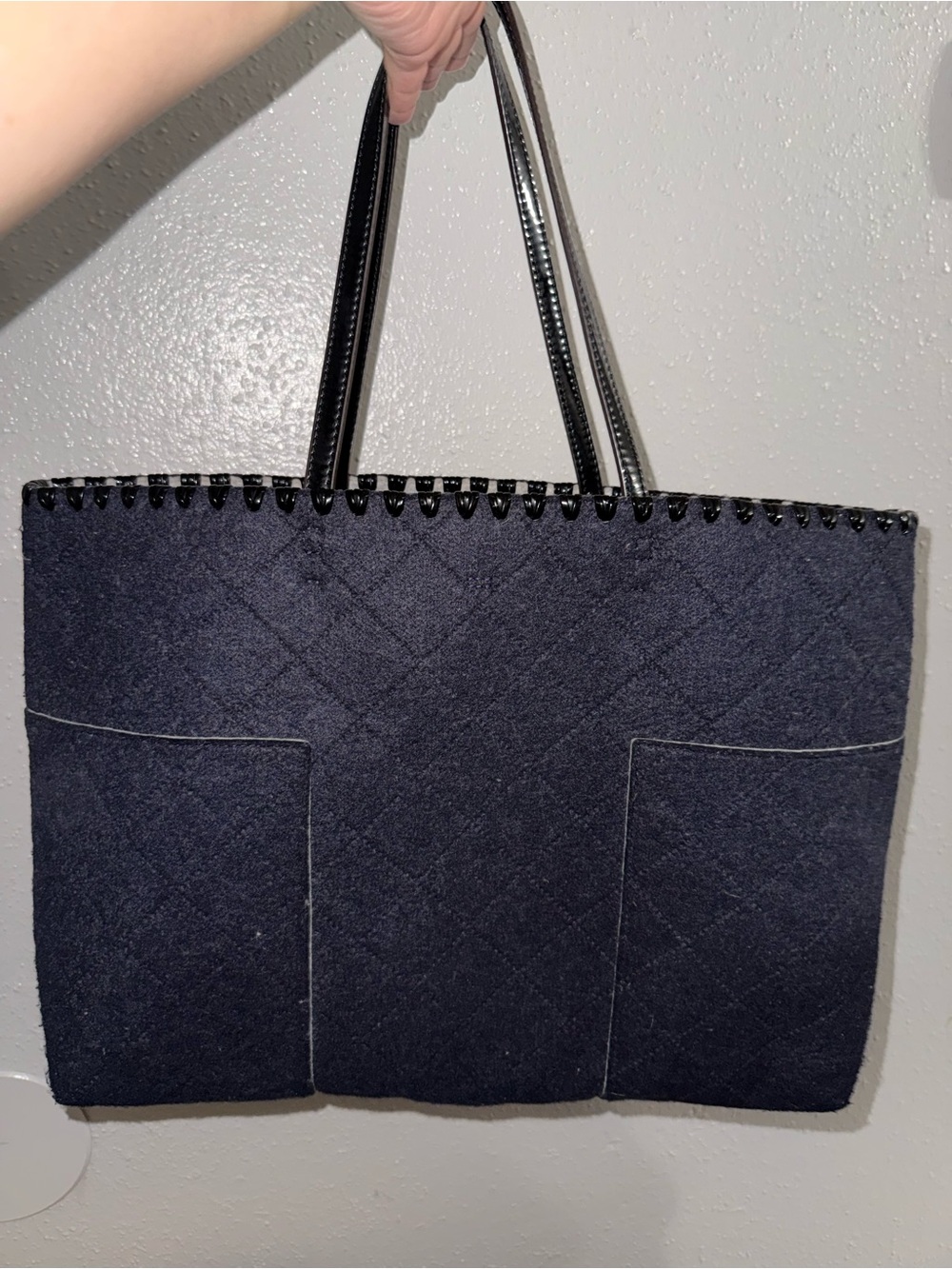 Tory Burch Navy Felt Tote with Black Patent Handles - Picture 4 of 5